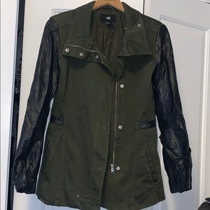 Army green jacket with leather sleeves